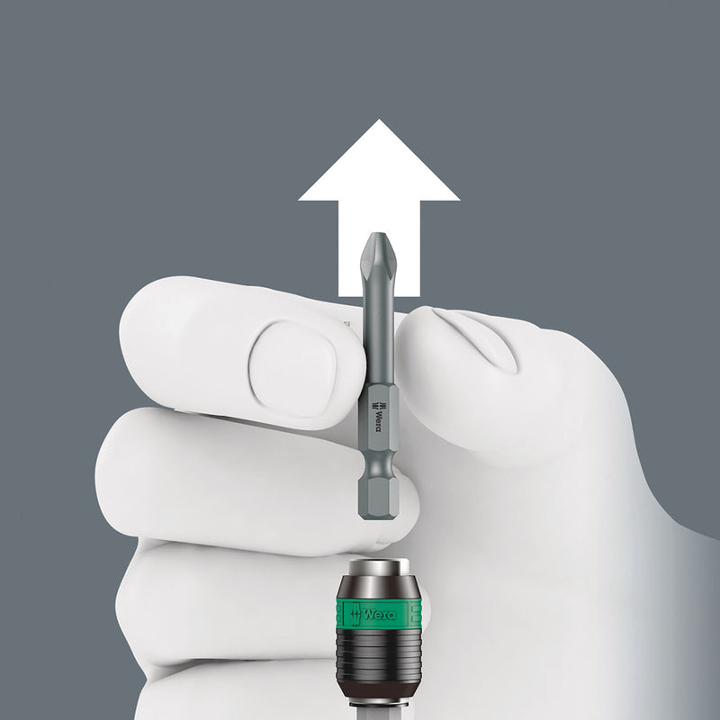 Load image into Gallery viewer, The bit can be pushed into the adaptor without moving the sleeve. The lock is activated automatically as soon as the bit is applied to the screw. Bits are held securely and wobble-free.